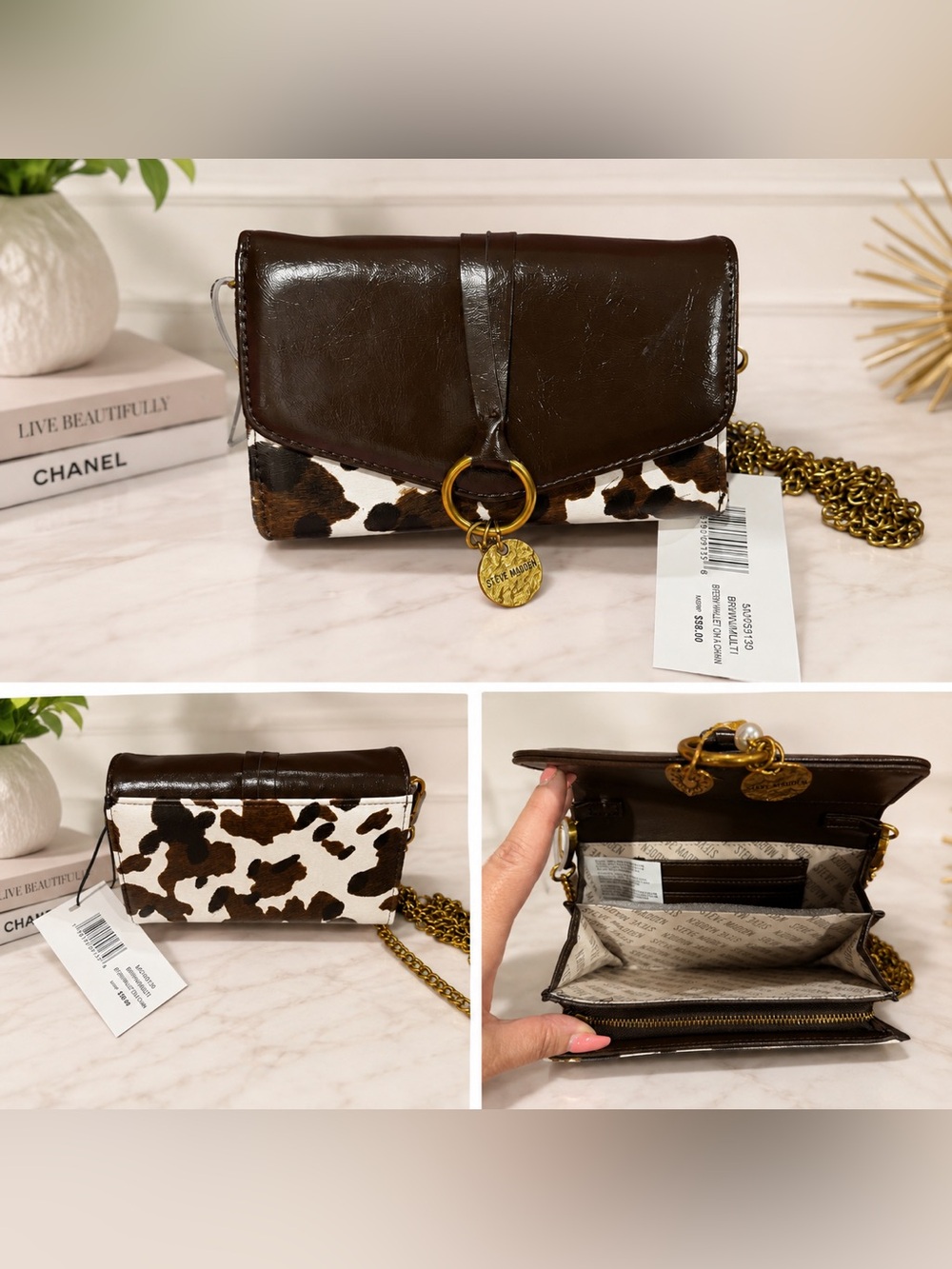 Steve Madden Brown Patent & White Cowhide Crossbody Wallet